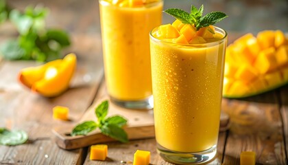 Close-up of a tall clear glass filled with creamy mango smoothie, bright golden yellow