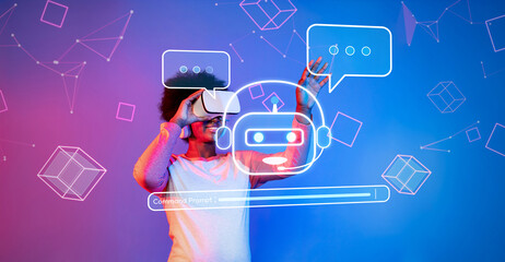 A user wearing a virtual reality headset engages with a vibrant generative AI interface, exploring chatbot commands and prompts in an immersive technological landscape. XDMCP