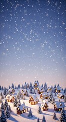 Winter Village Scene with Snow-Covered Houses, Pine Trees, and Glowing Windows Under Falling Snowflakes
