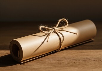 Kraft paper roll with natural cord on wood 