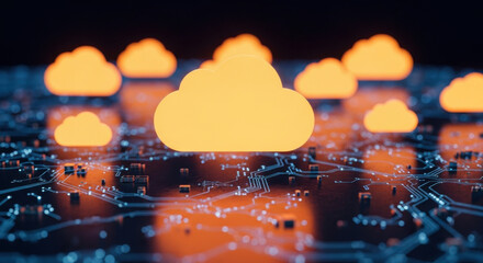 An orange cloud computing network is displayed on a motherboard with blue circuitry in a dark background. Represents modern data technology.
