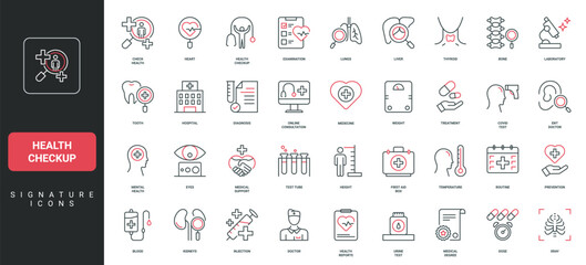 Medical checkup for diagnosis and treatment, prescription for patient from doctor line icon set. Blood bag and stethoscope of general practitioner thin black and red outline symbol vector illustration