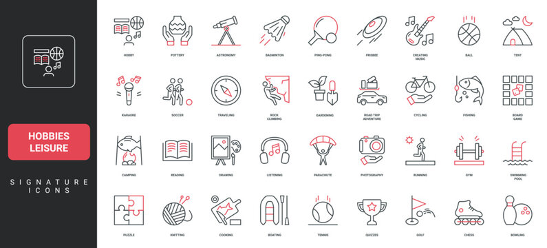 Hobby, game and leisure activity for weekend and vacation, music, travel line icon set. Fishing and painting, cooking and painting, gardening thin black and red outline symbols vector illustration