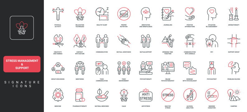 Stress management and support of mentor line icon set. Group therapy and yoga balance, healthy exercises and sleep, journaling relieve stress thin black and red outline symbols vector illustration