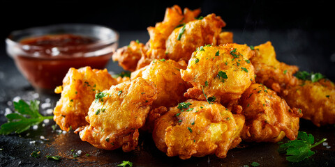 Pakora with sauce on dark background