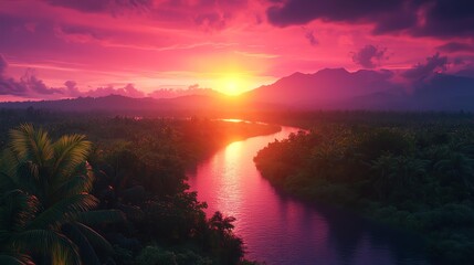 A stunning sunset over a lush river valley, showcasing vibrant colors and a serene atmosphere, perfect for nature lovers.