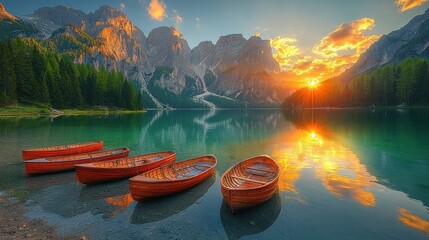 Scenic vista showcasing a calm lake, colorful boats, majestic mountains, and a vibrant sunset