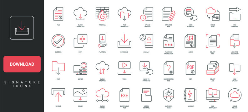 Download and upload file and folder to server, cloud storage and sync, data transfer line icon set. Select all, password protection and privacy thin black and red outline symbols vector illustration