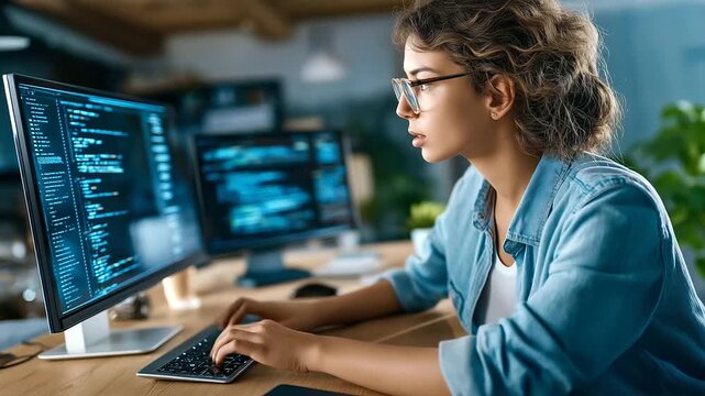 Teleworking computer scientist, home using PC, develop artificial intelligence, self learning algorithms, woman working machine, learning software programming, AI development work,