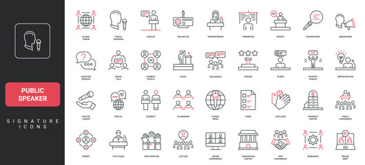 Public speaker and politician at podium, conference event and lecture line icon set. Speech and business presentation on stage, teacher, workshop thin black and red outline symbols vector illustration