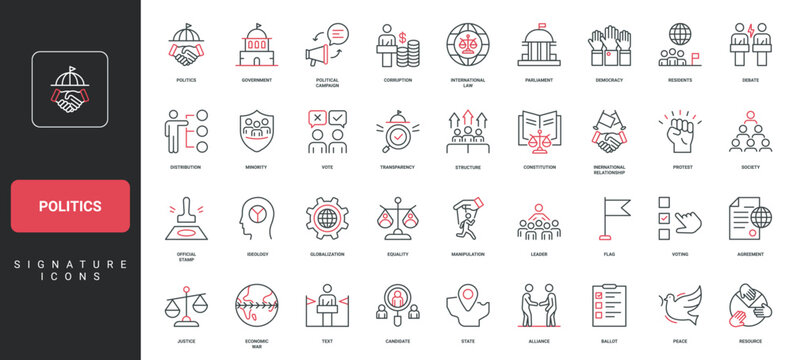 Politics, government and parliament leader and president, constitution, debate line icon set. International law and policy, protests, democracy thin black and red outline symbols vector illustration