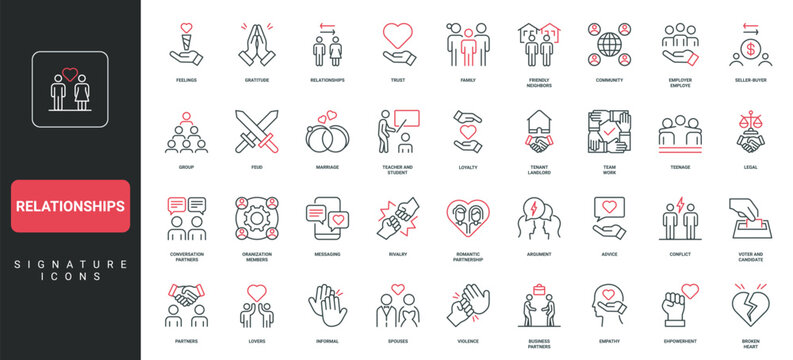 Relationships in family and community, economic and professional communication line icon set. Feelings and trust, love and conflict, neighborhood thin black and red outline symbols vector illustration