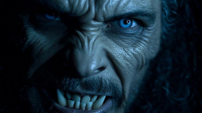 Close up of a terrifying werewolf monster face with glowing blue eyes and sharp fangs