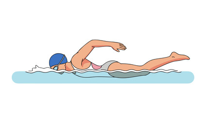 Pixel Art Style Illustration Of A Woman Swimming The Freestyle Stroke With Blue Cap And Goggles In Clear Blue Water White Bubbles Showing Movement