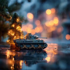 Celebrating the festive spirit with a christmas tree and tank amidst a beautiful bokeh background