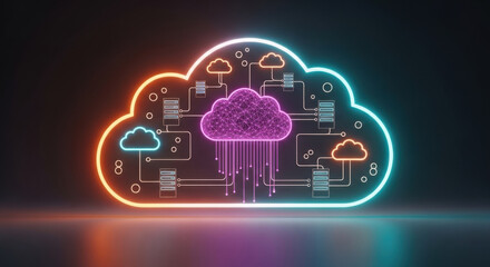 Vibrant neon cloud computing network features glowing connections in a dark background, symbolizing digital data transfer and futuristic technology solutions.
