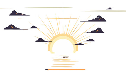 Pixel Art Sunrise Over Water With Dark Clouds And Rays Of Light Illuminating The Horizon A Stylized Digital Landscape Scene