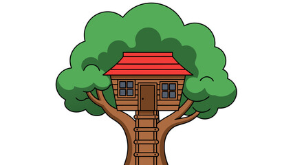 Pixel Art Style Treehouse With Red Roof and Wooden Ladder Set Against a Black Background