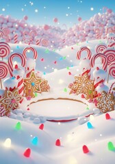 Candy Land Christmas Scene with Gingerbread Cookies, Lollipops, and Snowy Frosting in Magical Landscape
