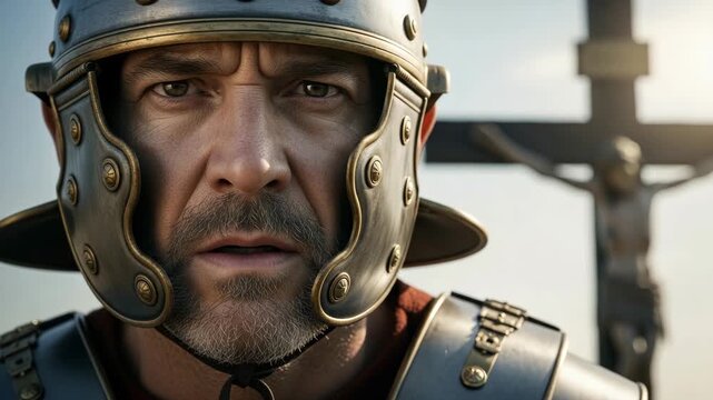 A Roman soldier's doubt, close-up on the face of a Roman centurion  in a helmet  at the crucifixion, his expression a conflict of duty, confusion, and dawning realization, the cross is blurred 