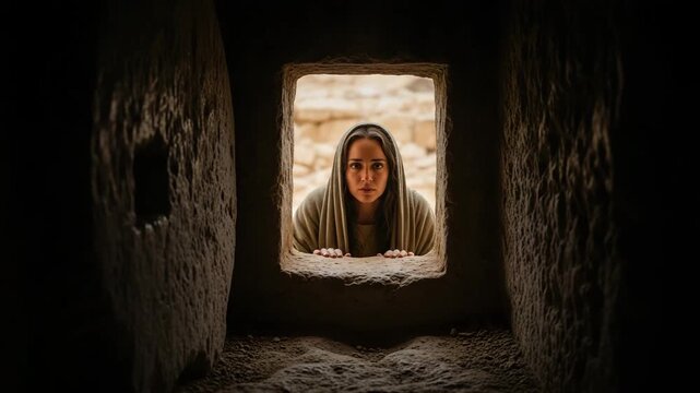 Empty tomb's light, shot from within the dark, rock-hewn tomb, looking out at Mary Magdalene, her expression is a mix of grief and confusion