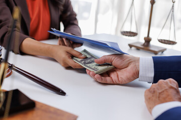 Concepts of corruption, Honest officer or lawyer refuses to take bribes from criminals. Businessman...