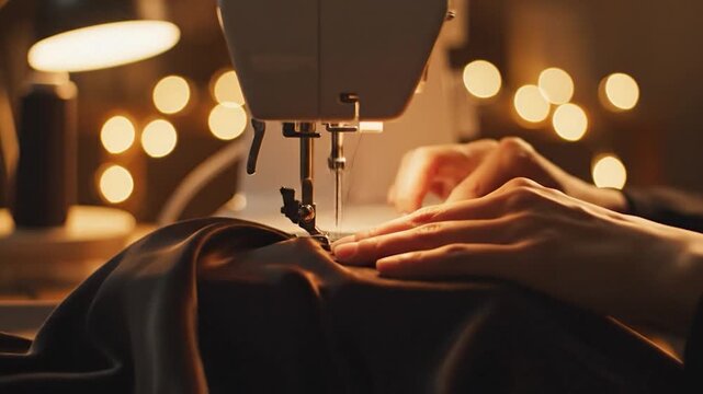 Hands operate sewing machine stitching dark fabric with warm bokeh lights in background creating cozy atmosphere