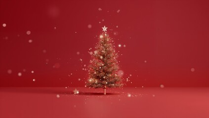 Festive and sparkling Christmas tree adorned with glowing lights and falling snow on a vibrant red background