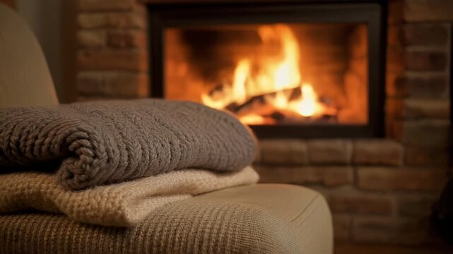 Cozy scene with a stack of knitted blankets in front of a warm, crackling fireplace.