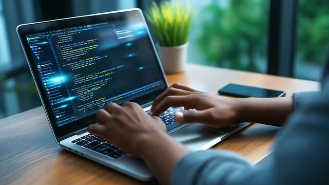 Person home office, looking UI laptop, screen typing executing, programming code application, UI used developer, writing testing code, modern workspace programming, faceless hands