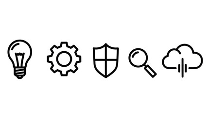 Collection of Essential Icons - Idea, Settings, Security, Search, and Cloud.
