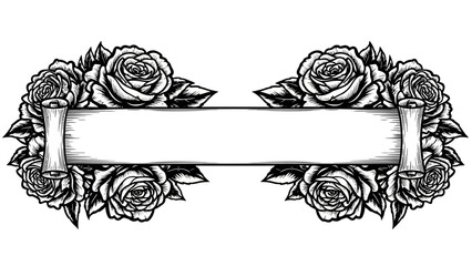 Elegant scroll banner with roses in black and white perfect for wedding invitations or romantic