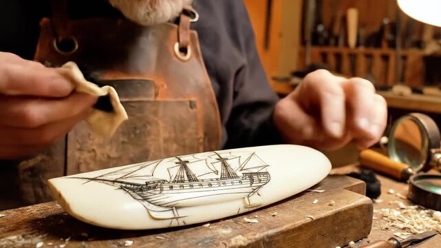 Elderly artisan meticulously carves a ship design onto a bone-like object with a small tool