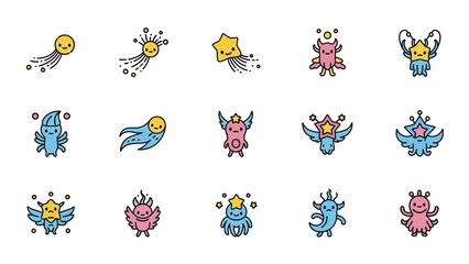 Cartoon creatures and celestial objects set in colorful line art style