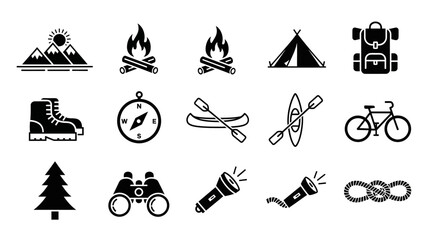 Outdoor adventure icon set mountain campfire tent backpack and more