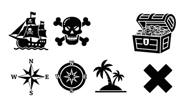 Pirate symbols and icons illustration ship skull treasure compass palm cross