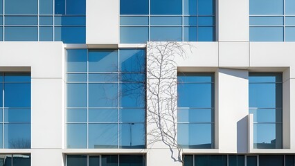 Obraz premium Sleek Modern Building Facade with Reflective Blue Glass Windows and Bare Vine
