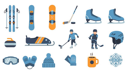 Winter sports equipment and athletes collection vector illustration set