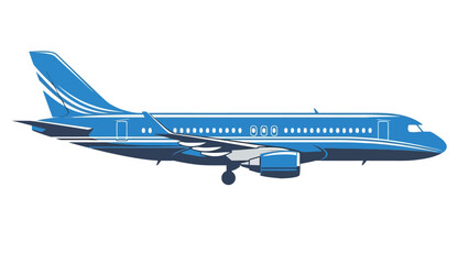 Blue jet airliner illustration in profile view with white markings