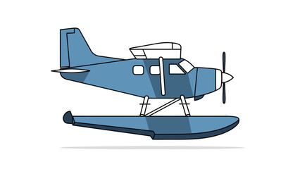 Blue singleengine floatplane viewed in profile against a white background