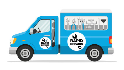 Blue repair van illustration with Rapid Repairs logos and tools in window