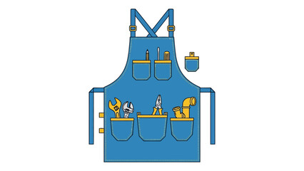 Blue utility apron with pockets holding various yellow hand tools