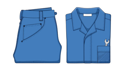 Blue work uniform pants and folded shirt with a wrench detail