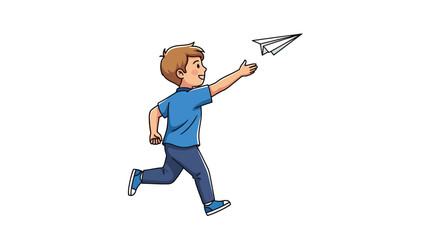 Boy running and throwing a paper airplane against a white background
