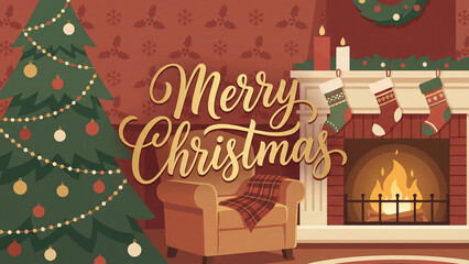 Naklejka premium Christmas Fireplace Scene Merry Christmas Flat Illustration Poster 4K