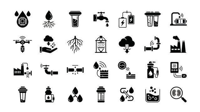 Water technology and filtration icon set sustainable resources and systems