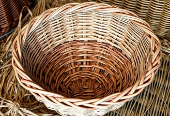 Fototapeta premium Empty woven basket, rustic texture, natural fiber, beige, craft