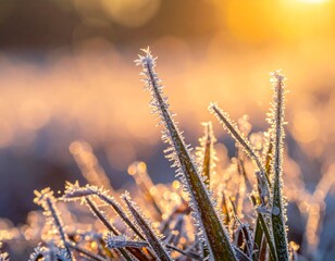 Frost Crystals on Grass in Cold Morning Light. Close-up macro shot of tiny frost crystals forming on grass blades under soft cold morning light, showing detailed icy texture.