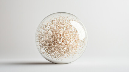 Organoid structure displayed in transparent glass sphere on white background, intricate network, scientific and modern aesthetic