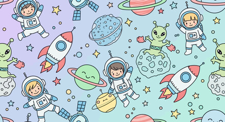 Cute space pattern with astronauts, aliens, planets, and rockets